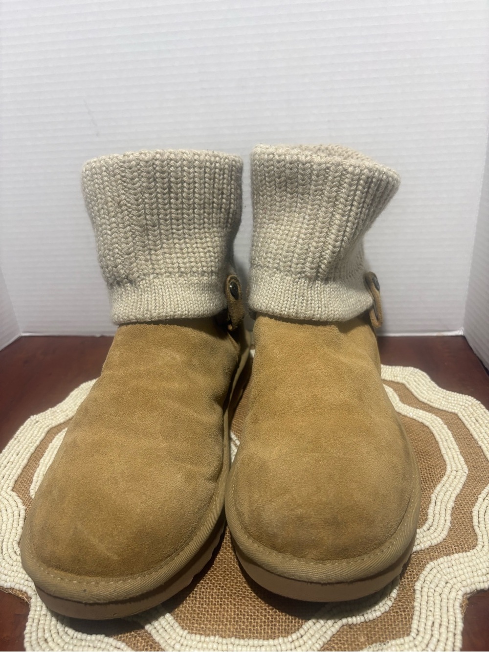 UGG Kids Chestnut Suede Boots with Cream Knit Cuffs